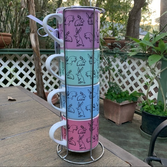 NWT Multicolored Rabbit Stackable 4 Mugs + Holder - Picture 7 of 11